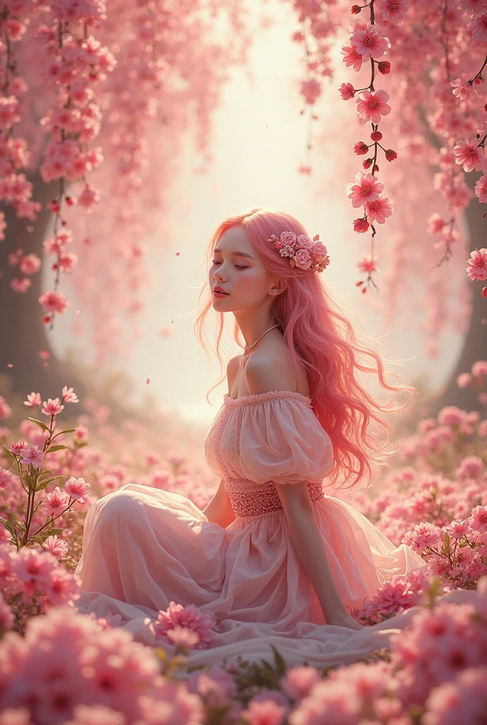 Medusa sitting, literally dressed in cherry blossoms and wearing a cherry blossom flower crown