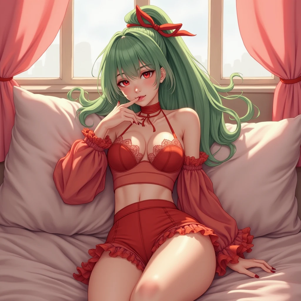 (Best Quality,High resolution,8K,finelity detailed background,Masterpiece:1.2),beautiful girl,Shiny green hair,messy hair,Green Eyes,Gentle look,A refreshing look,Best quality,Best Quality,Aesthetic and aesthetic:1.2,Best details((Super detailed))(High-definition CG illustrations),Glamorous red underwear (red,intricate lace),Slender body,night,Moonlight,Bedroom,On the bed,smile,blush,cute,Scrounge,Looking up,Being spoiled,super model,lying,shoot from side