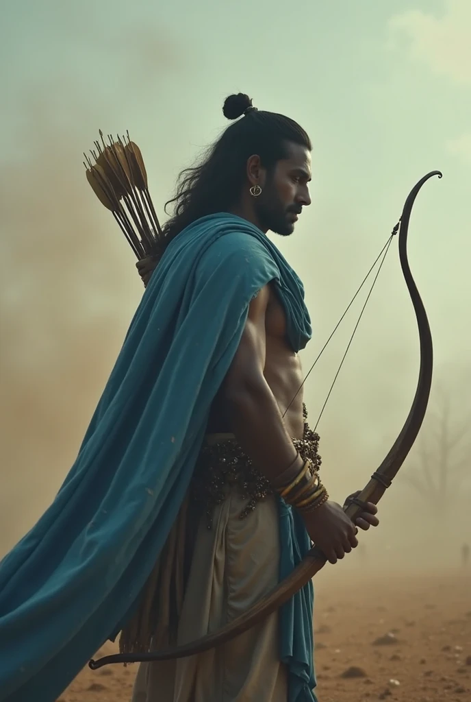 Make me images of arjun from mahabharata split his both hands in opposite direction and holding weapon in hand with closed eyes with foggy background make this image on canvas