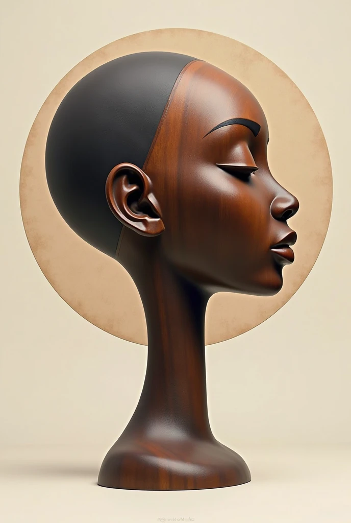 a large centrepiece bust of a beautiful strong black woman. Calm, serene expression. The sculpture includes Nigerian orchids and Moroccan citrus plants as part of the sculpture, and other west african plants. Geometric stylized design. Made of painted porcelain. Lit by overhead spotlights. Brick wall background
