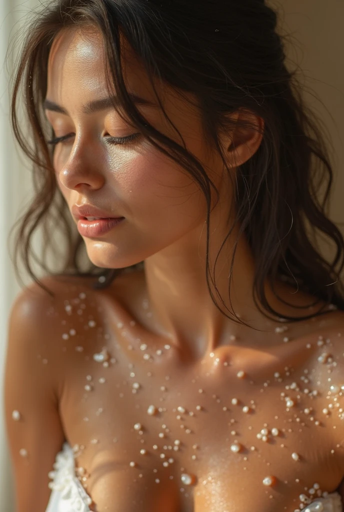 ((corpo nu)), ((seios delicados)) cabelo castanho claro longo, olhos lindos e perfeitos, (maquiagem dos olhos: 1.1), (pele altamente detalhada: 1.1), (seios pequenos perfeitos), corpo magro perfeito, vestindo uma toalha de banho branca, ( (SFW)), realista, FOTOREALISTIC, rosto detalhado, soft-lighting, estilo Modelshoot, fotografia profissional, in a dark studio background, fundo desfocado, RAW, analogue style, foco nítido, 8k UHD, DSLR, alta qualidade, Fujifilm XT3, grain, premiado, obra-prima