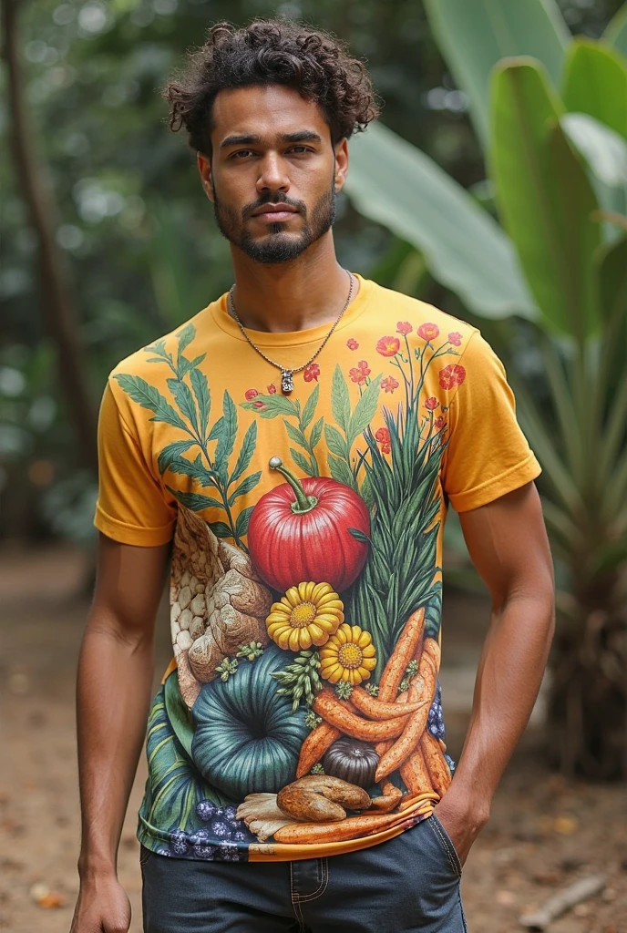 young latino man in his 20s with bright green eyes and a slender symmetrical face with a sharp jawline and medium length black beard and curly medium length hair with a very ripped and toned body with an 8-pack and deep muscle striations. standing in patterned shorts up to knee length in a lush island with colourful birds and fruits behind.