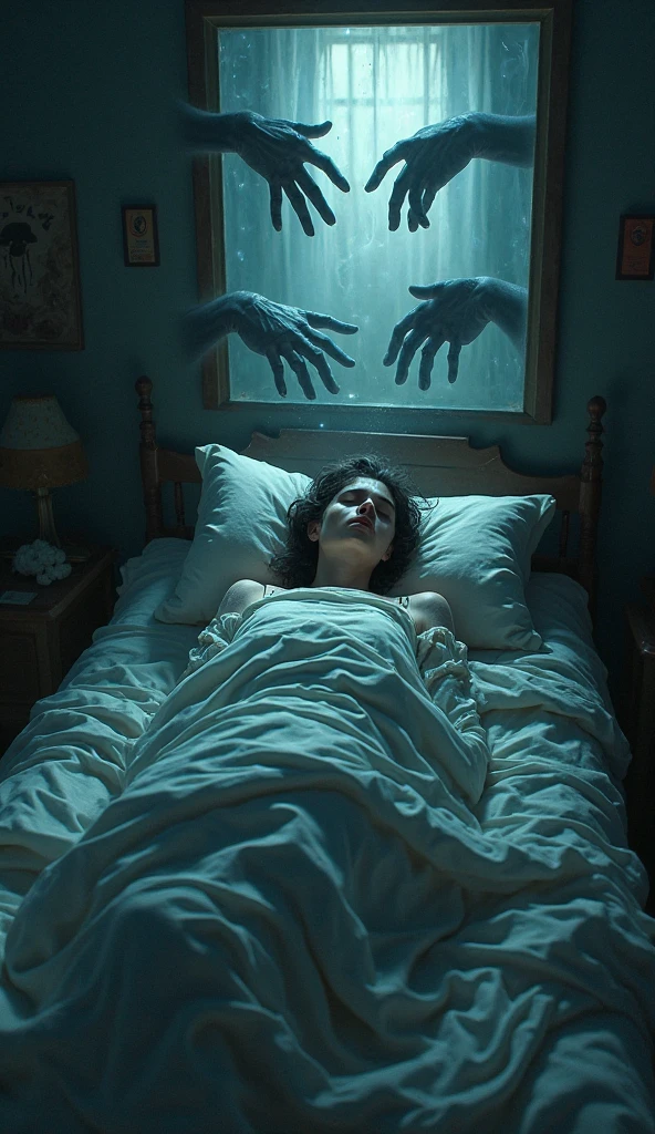 There's a man lying in bed with a ghost floating above him, quality astral projection rendering, paralisia do sono, astral projection, monstro da paralisia do sono, sleep paralysis demon, fantasma flutuante, Morte sonhando com a morte, ghostly figure, Awakening started lucid dreaming, my sleep paralysis demon, Viagem Astral, alma deixando o corpo, out of body experience, cena espiritual noturna, lucid dreaming