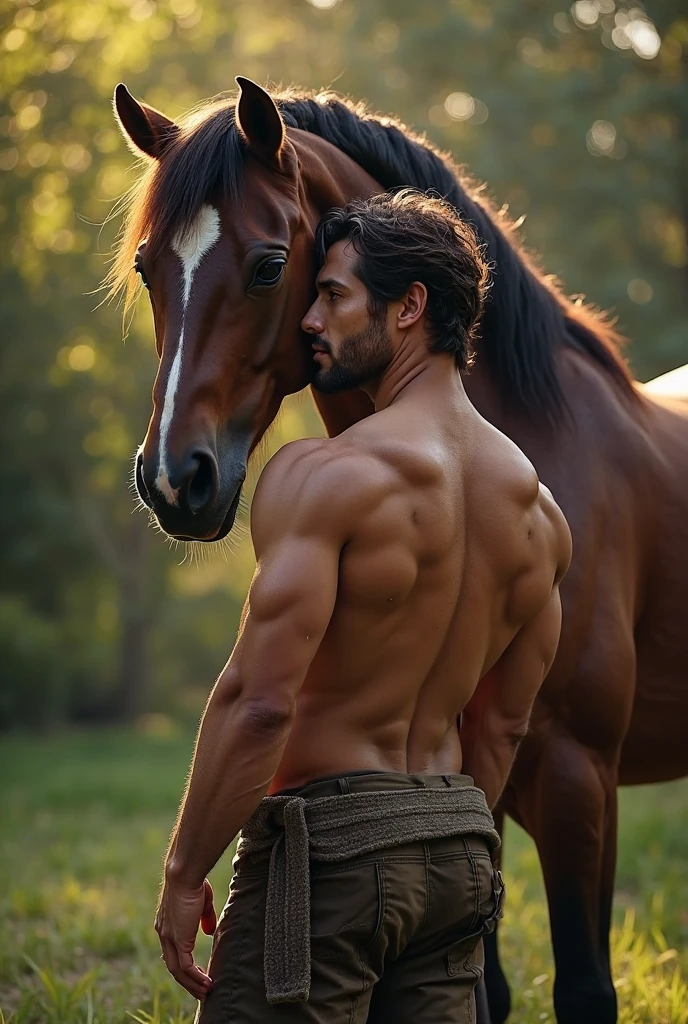 Young cute handsome white skinny beautiful face without shirt naked standing next to a horse, white cute butt of man hat