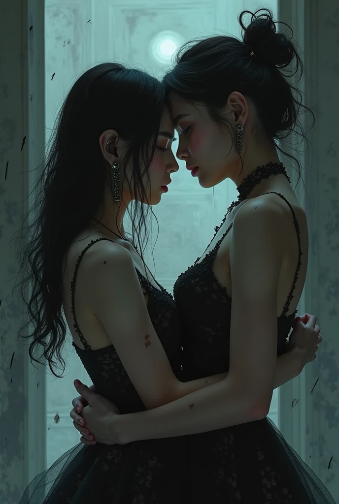 (very sharp result, full body desaturated photo) (((textile shading))), (((Best Quality))), (((masterpiece))), (((hyper realistic photo))) 2 pale vampire girl hold, make out & kiss each other) black & crimson robe outside, naked inside, showing big breast with red nipples, red castle mood lighting, black lipstick, thuck blood on their lips