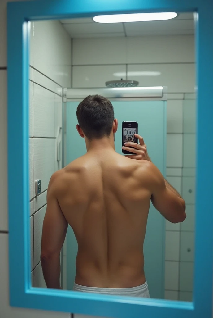 cellphone camera bathroom selfie, stained mirror, athletic man wearing shorts, naked torso chest hair, short brown hair, stub, covering face with cellphone. portrait sized