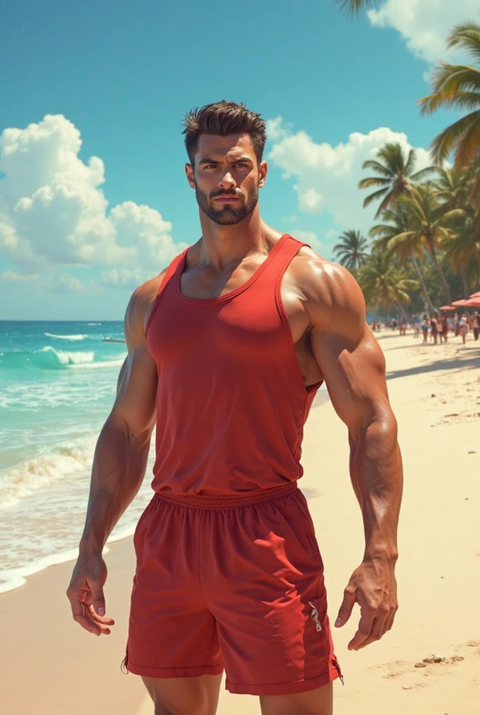 Muscle man, slim and sexy with a big bulge in the crotch, under the sunlight on the beach, Muscular lifeguard man in red underwear. Man in red bikini. sexy masculine man. Man with great great attributes. Handsome man without beard. Man with bright tattoos on his arms. Well endowed man with large male genitalia noticeable over his underwear. Man with large bulge in crotch, man with big bulge in crotch. Man with big bulge in his underwear.