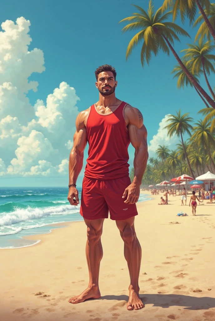 A white Argentinian guy weared underware standing between beach