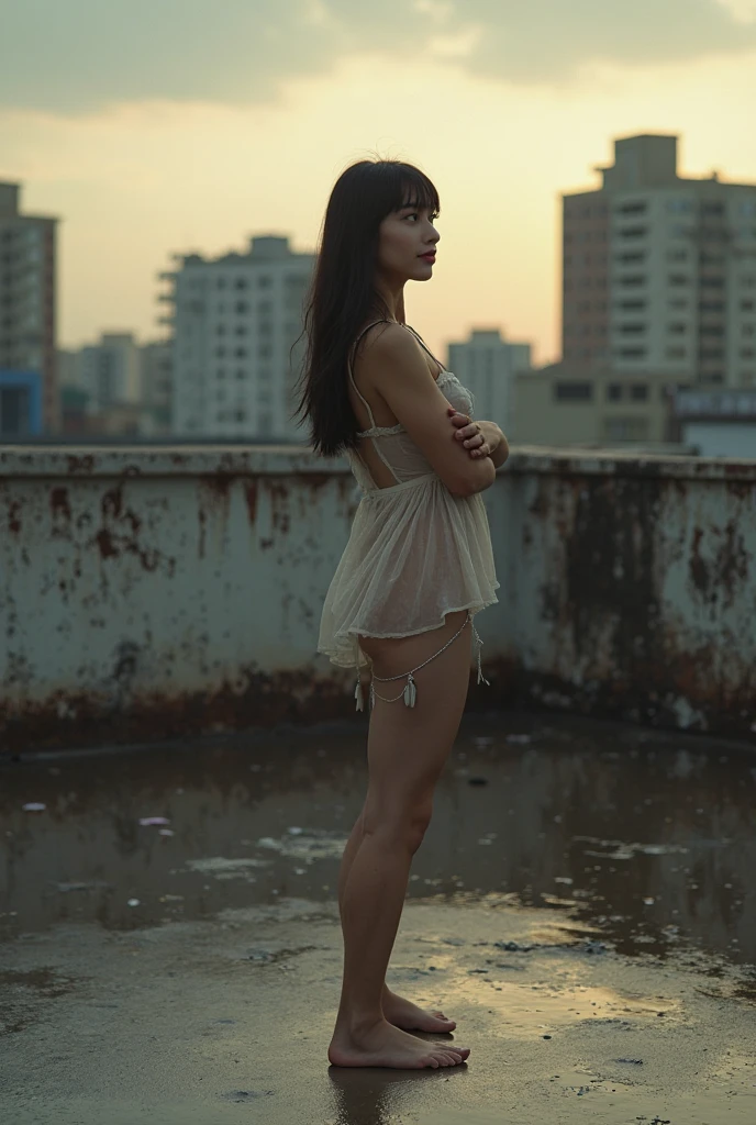 Medium Close-Up, Circular Fisheye, (Sadie Wilkinson clad in a white bodysuit, rain-soaked hair, melancholic expression), Dramatic Lightning, (standing amidst decaying ruins in an abandoned cityscape, rain cascading), (10mm lens, Sony A7R IV, haunting mood, trending on Instagram), by Daido Moriyama and Diane Arbus and Trent Parke