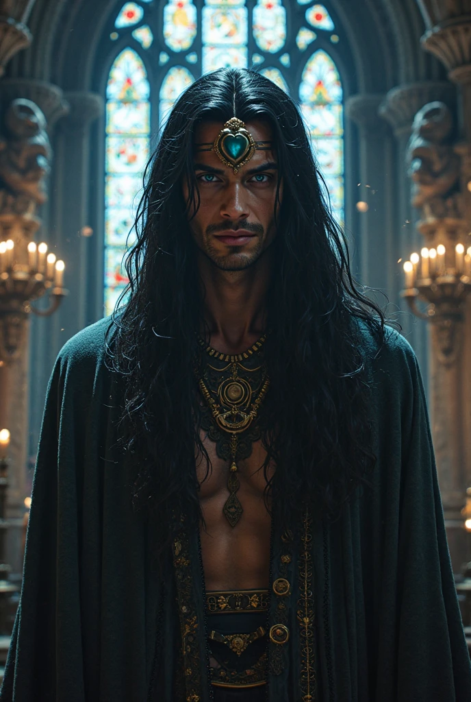 a strong and muscular vampire,handsome enigmatic beautiful and sexy, He has green eyes, Long black hair, shirtless, he is in a dark castle