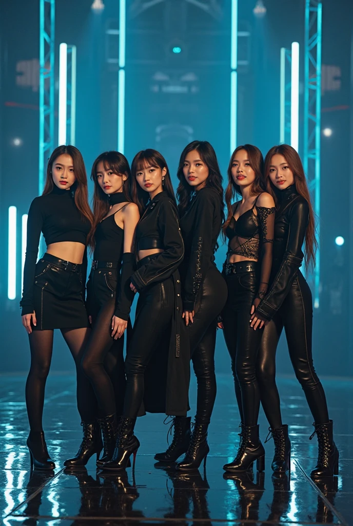 ((((((5girls)))), ((Masterpiece)), (Highest quality)), (8KUHD)))), ((Ultra High Definition))))), (Japan Woman), (Beauty)))))), (Boyish)), (Wild)), (Super tall)), (Super big)) ), looking at the camera, ((Full body)))))), (All light blue)), (Short hair)))))), ((Riders jacket)))))), (((Leather pants)))))), (Leather boots))))), (Studio lighting)