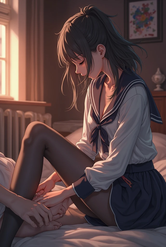 "A model sitting on a stool, one knee pulled up to her chest, arms wrapped around her leg."