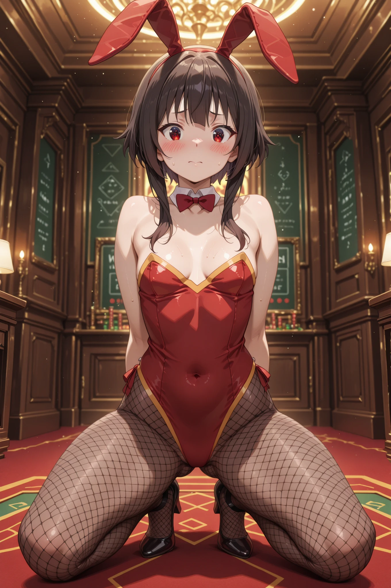hi res, masterpiece, 8k, nsfw, (meiko | virtual singer), sexy curvy body, big breast, erotic expression, alluring face, sexy smile, (red mini dress: 1.2), (black fishnet pantyhose: 1.2), red high heels, (dense brown pubic hair: 1.6), on stage, (she is sit with her legs spread wide on stage leaving her vagina exposed: 1.5), night, stage illumination