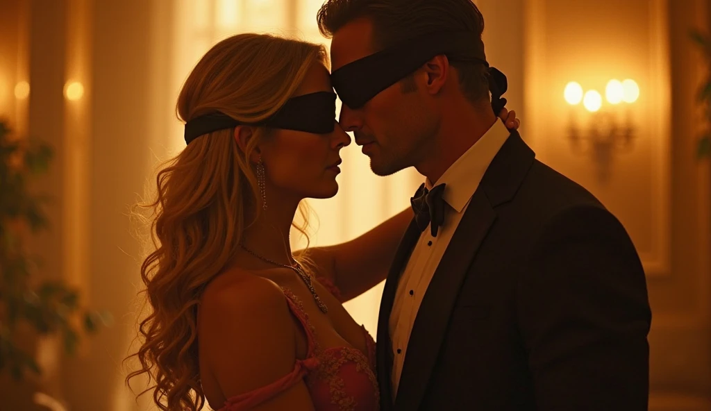 Three people are depicted against a dark red background., each of which gives the stage its own unique atmosphere. In the center is a blonde girl with gorgeous long curls, which fall on her shoulders. She is wearing a gorgeous red and black dress., which highlights her soft facial features. The red blindfold adds mystery to her look..

To her left stands a tall man in a burgundy jacket., whose neatly styled chestnut hair and elegant style create an impression of confidence. His profile shows, that he, as if spellbound, inhales the scent of her hair, and his hand rests gently on her waist. He has soft facial features., cheekbones, small nose and plump lips. His face is smooth without a hint of stubble. To the right of the girl is another man with dark hair., which are neatly tucked back. It is in semi-profile, expressing interest in a girl, and the light stubble adds a romantic chic to it. He is wearing a black turtleneck and suspenders., and the girl pulls one of the suspenders, while her other arm is wrapped around the neck of the man on the left. The man has rather rough facial features. Together they create a lively and emotional composition., full of intriguing interactions and emotional tension.