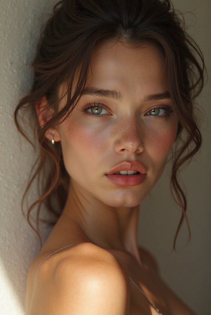 a beautiful young woman, 20 years old, sitting in a car, wearing french angle, diamond earrings, charcoal ring, blue eyes, slightly curly hair tied back, freckles on her cheeks, medium-sized bust, (best quality,4k,8k,highres,masterpiece:1.2),ultra-detailed,(realistic,photorealistic,photo-realistic:1.37),portrait,highly detailed facial features,cinematic lighting,warm color tones,intricate details