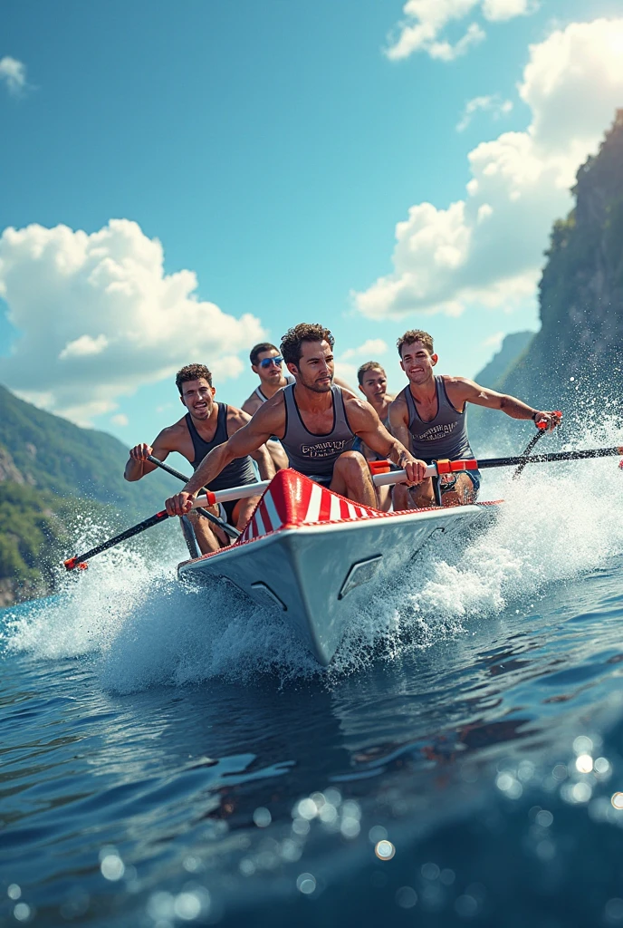 Four gay looking men rowing together
