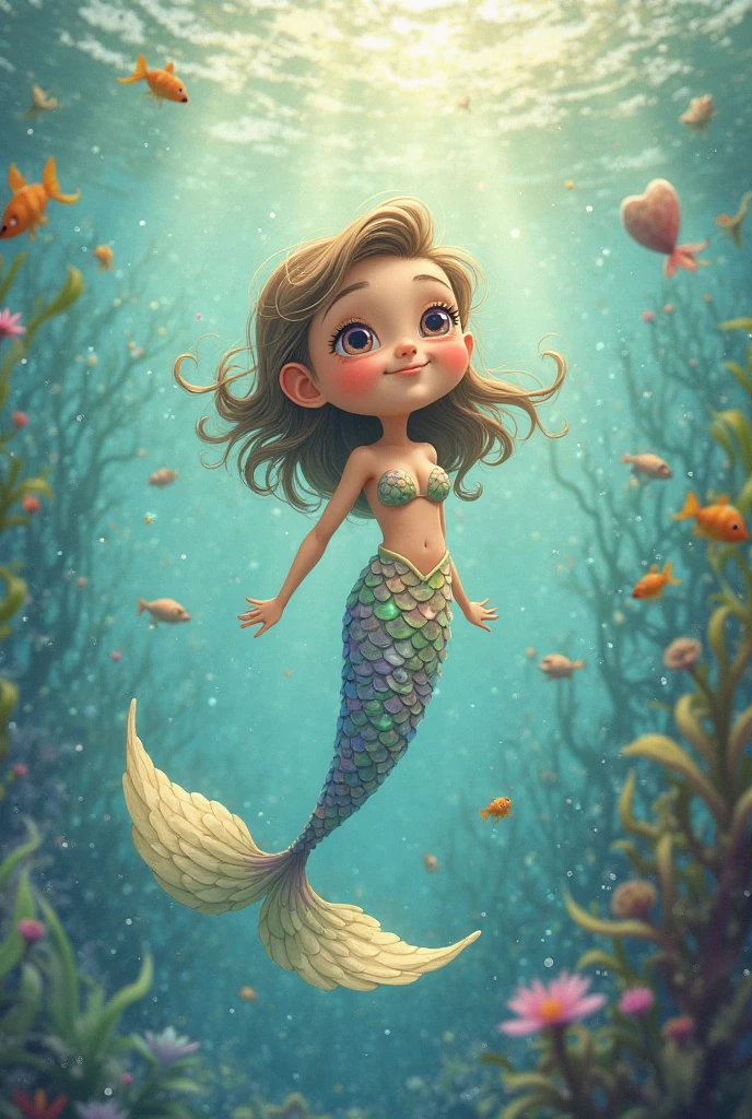 Hello, Please, could you generate an image of a 4 year old mermaid with brown hair, a bit of eastern descent?