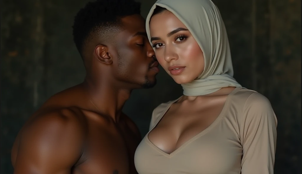 A black man embracing from behind a Pale skin black eyed black eyebrows kurdish woman straight tight tied hijab nude shoulder nude arm breasts in bedroom view from side