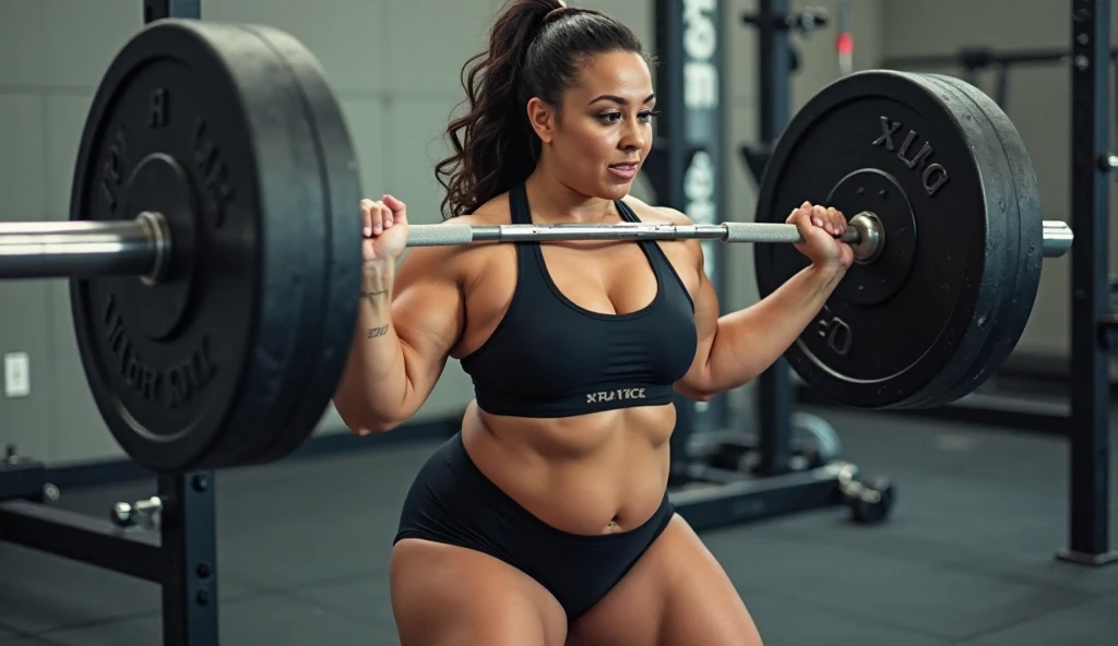 Voluptuous fitness Mexican woman walking in her house wearing black shorts and a top
