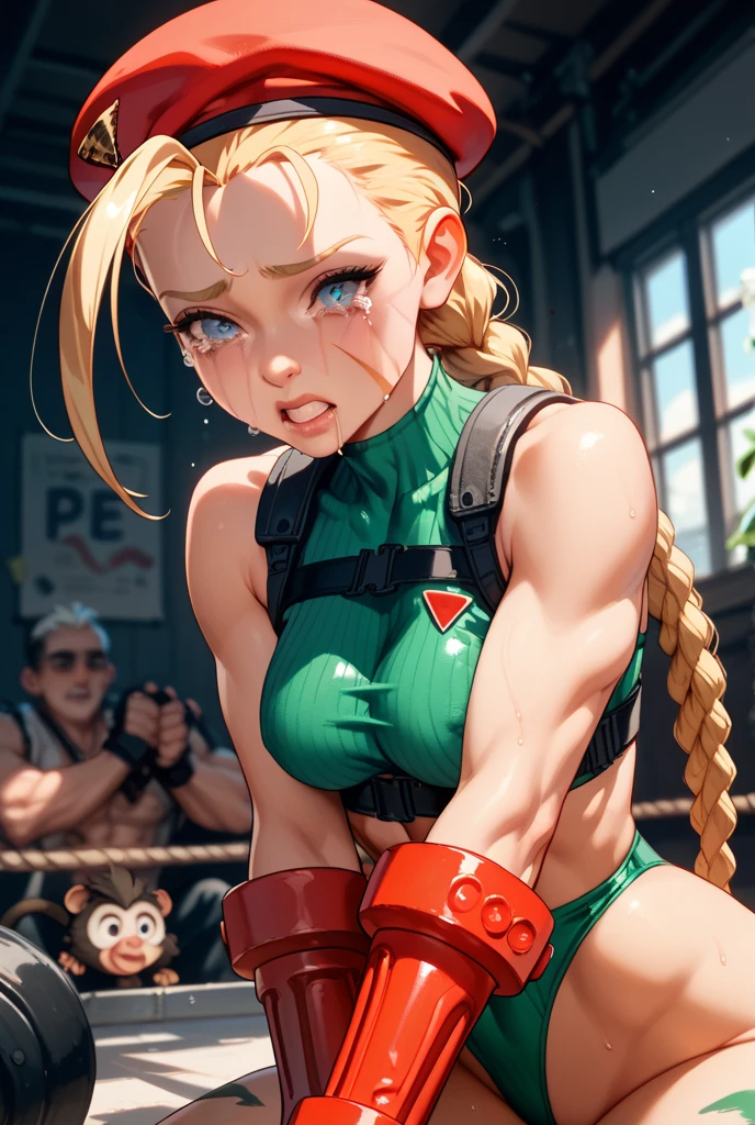 Cammy,blue eyes, blonde hair, braid, red fingerless gloves, leotard, lips, muscular, beret, highleg, scar, red headwear, scar on face, highleg leotard, camouflage, harness, thong leotard, green leotard, chest harness,necklace,perfect hands, perfect finger,perfect anatomy, masterpiece, best quality,realistic, hyperrealistic, 16k hdr,1girl, medium breasts,(erected nipples:0.8), outdoor,night,park,,(all fours),sweat,red blush,open mouth,(orgasm,ahegao,drool:1.3)
