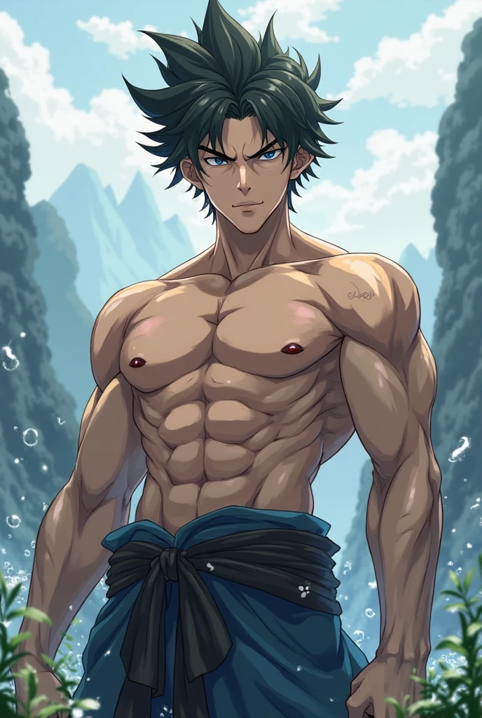 Um homem ????? jovem, black hair with green tips, straight green and purple eyes, has hair on the chin and abdomen, muscled body, wearing no shirt, He wears sagging jeans where the edge of his white underwear shows, has crocodile tattoos on his chest and has earrings. Traços of Shumatsu no Valkyrie