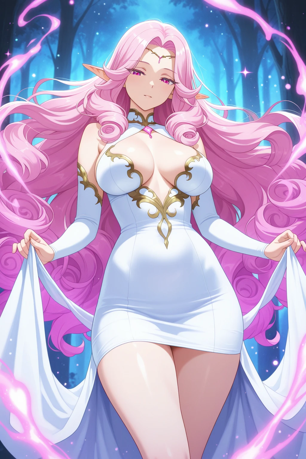 (masterpiece, best quality:1.2), cowboy shot, (solo), (1girl):1.5, glasses, long fluffy pink hair, hair blowing, gorgeous body, wide hips, slight smile, ((very sexy and transparent (white nigthdress)) with exposed navel), musculous belly, gorgeous huge breasts, ((pink breasts niples) under very transparent white clothes), (cameltoe)