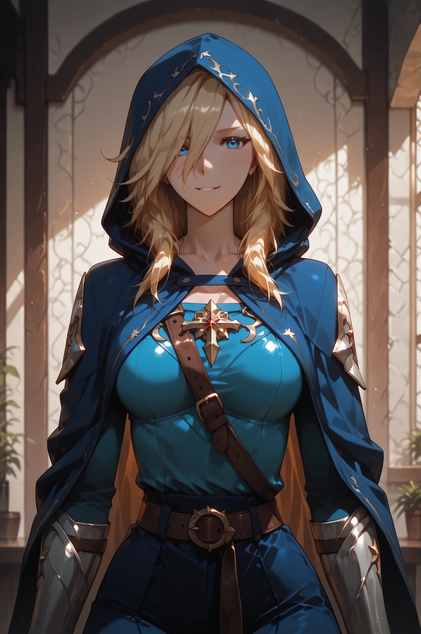 Solo; 1 Shokolade, jormugand Shokolade, athletic toned body, wears a blue armored hooded cloak that drapes over a rugged tunic, giving off a medieval or fantasy vibe, straps and belts wrap around the chest and waist, securing a sword at their side. The chest area of the garment is notably worn and frayed, a smiling in a gentle expression, color palette adds depth to the scene, evoking a sense of fantasy and nobility