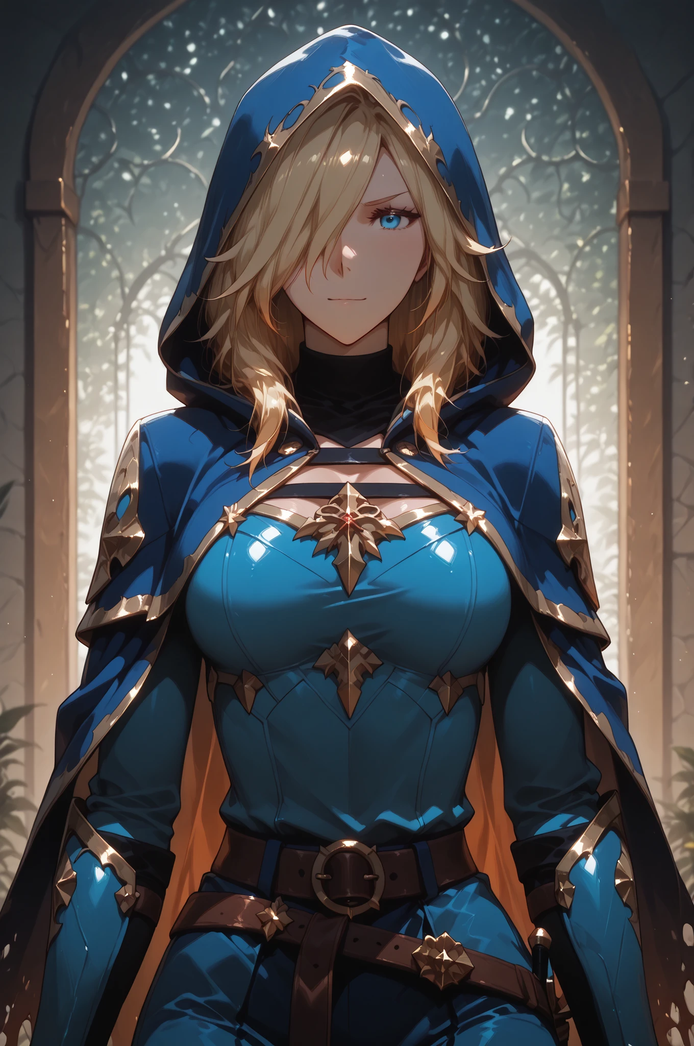 Solo; 1 Shokolade, jormugand Shokolade, athletic toned body, wears a blue armored hooded cloak that drapes over a rugged tunic, giving off a medieval or fantasy vibe, straps and belts wrap around the chest and waist, securing a sword at their side. The chest area of the garment is notably worn and frayed, a smiling in a gentle expression, color palette adds depth to the scene, evoking a sense of fantasy and nobility