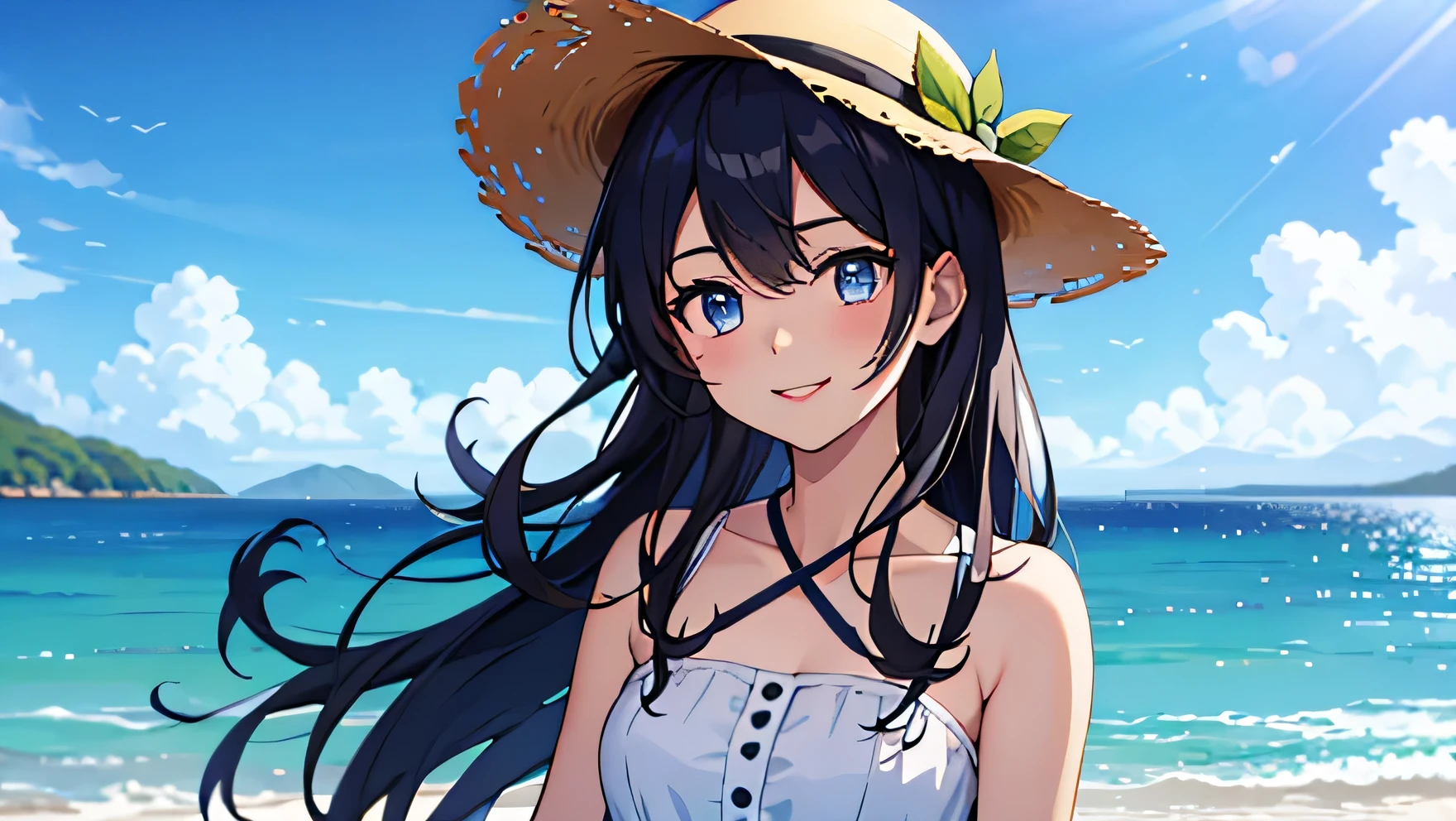 1girl, anime, enjoying a sunny day at the beach, golden sands, clear blue sky, turquoise waters, gentle waves, beach umbrella, colorful beach towel, straw hat, sunglasses, joyful expression, flounced top swimsuit, casual beach shorts