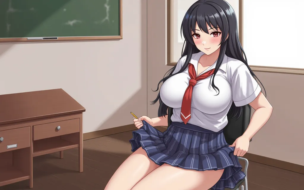 Rieri、Huge breasts、Nipple piercing、High 、School classroom、Leg spread、Pussy、pubic hair、clitoris、Open neck、Open-chested、smile