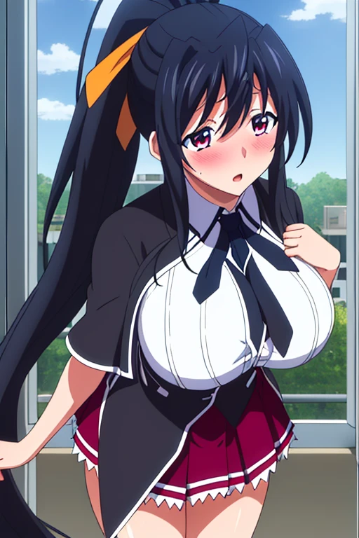 1girl, alóne, akeno himejima,White Background,
(((Standing at attention))),
Black cape,Black neckwear,white shirt,short_sleeves,((Red pleated skirt)), sailor_collar,
black hair, pink eyes, Very Long Hair,hair_between_eyes,ponytail,Yellow_hair_ribbon, 20yo,Young female,Beautiful Finger,Beautiful long legs,Beautiful body,Beautiful Nose,Beautiful character design, perfect eyes, perfect face,expressive eyes,looking at viewer, in the center of the image,(Upper_body),(Focus on her face),
official art,extremely detailed CG unity 8k wallpaper, perfect lighting,Colorful, Bright_Front_face_Lighting,shiny skin, (masterpiece:1.0),(best_quality:1.0), ultra high res,4K,ultra-detailed,
photography, 8K, HDR, highres, absurdres:1.2, Kodak portra 400, film grain, blurry background, bokeh:1.2, lens flare, (vibrant_color:1.2)
(Beautiful,large_Breasts:1.4), (beautiful_face:1.5),(narrow_waist),smiling, seductive, closed mouth, big breasts, medium waist, wide hips, wide thighs, good anatomy, good hands