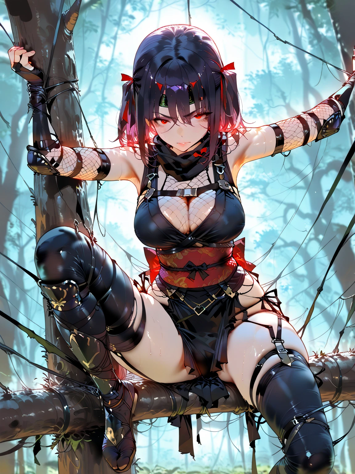 Gothic girl,Knelt,pegginetal bandage bindinechanical bikini bondage,Tightened,Lots of ropes,Giant laser cannon, Chinese symbols, Mottled light and shadow of the old times,Look up at the perspective,