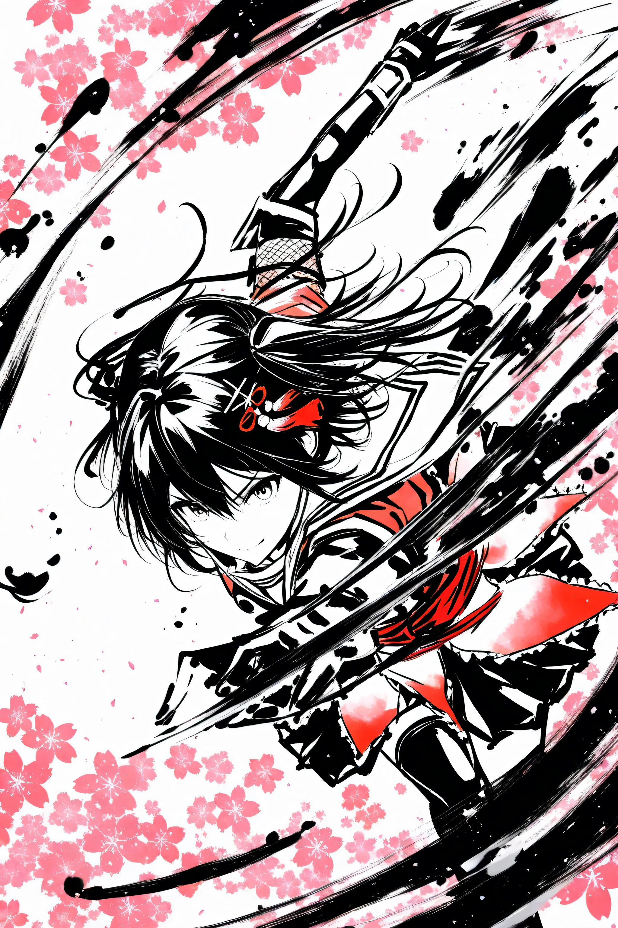 1girl,sendai kai ni(kancolle),cowboy shot,sumi-e and colored ink,rough sketch,dynamic pose,thick ink effect lines,cherry blossoms background, simple background, masterpiece,best quality, very aesthetic,absurdres,hyper-detailed,high-resolution,