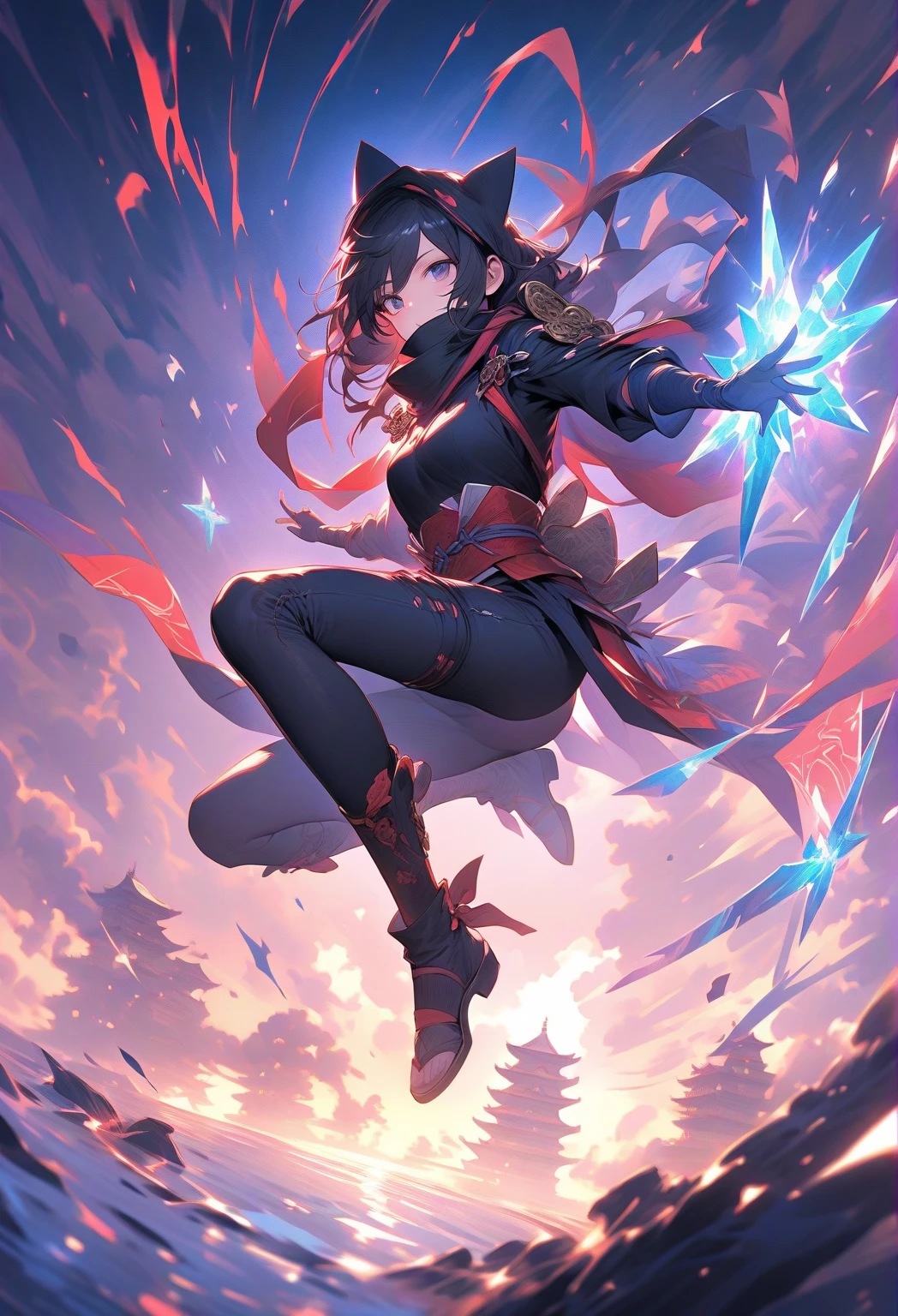 (masterpiece:1.2),(Highest quality),(Very detailed),(High resolution),8k,wallpaper,1 girl,Beautiful female hands,Fine hand,A female ninja is standing,look at me,Beautiful Eyes,Red glowing eyes,The female ninja uses secret genjutsu techniques.,(The female ninja has a magic seal on her hand.:1.3),(The background is a kaleidoscope-like, beautiful, geometric illusion world.),(Dynamic illusion),(action shot)