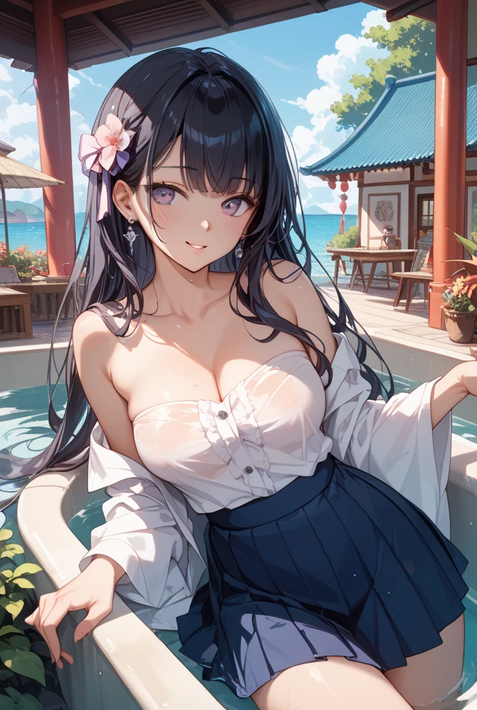 (((masterpiece, best quality))), (((superior quality))), cute girl, ((extremely detailed girl)), (huge breasts), (yukata), (bare shoulders), strapless top, slight smile