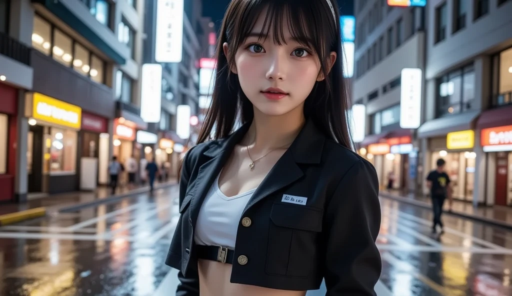 Super beautiful girl、ultra cute girl、My chest is touched、Night view in the background、Small、Crowds、The center of attention、Slender body、A wistful look、Depressed、Company Uniform、I don't wear underwear, nffsw, retinas, Anatomically correct, Best Quality, 4K