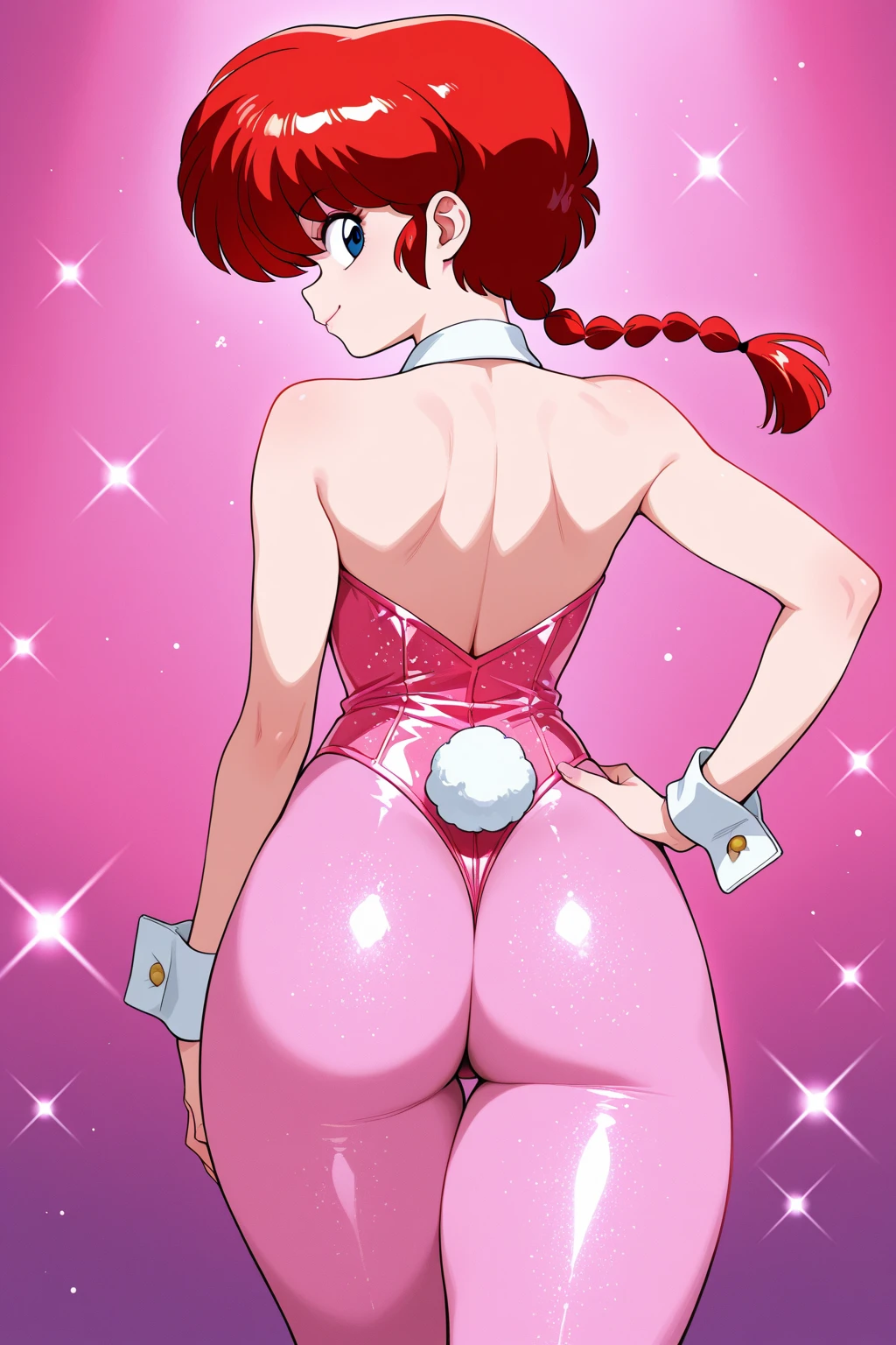 Redhead anime girl in pink latex swimsuit, 17 years, Perfect body, Big round breasts, red hair with braids, Beautiful lighting, blue eyes, Beautiful feet, Braided Hair, Record Style, Ranma-chan, Autora Rumiko Takahashi, Baseado em obra de Rumiko Takahashi, Anime Ranma 1/2, big , Big and round breasts, Sexy deco, Strong hips, Big Ass, Volumizing breasts