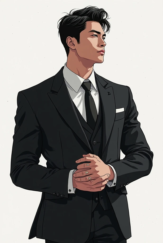 Black Suit、male、Simple Background、Asian、Black Hair、Short Hair、Smoke a cigarette