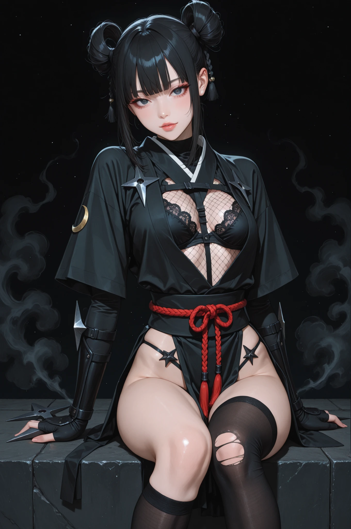 masterpiece）、（very high quality）、（Super Detailed）
slim female ninja、black hair、Long Double Knot Hairstyle。
Ripped Ninja Uniform。wearing knee-length socks。
It's a scene that captures the moment it appears through smoke、posing is combative and beautiful。
 has a sharp gaze 、and seductive lingerie details stand out。
The background is night 、Crescent moon in the sky。with a shuriken in her hand。