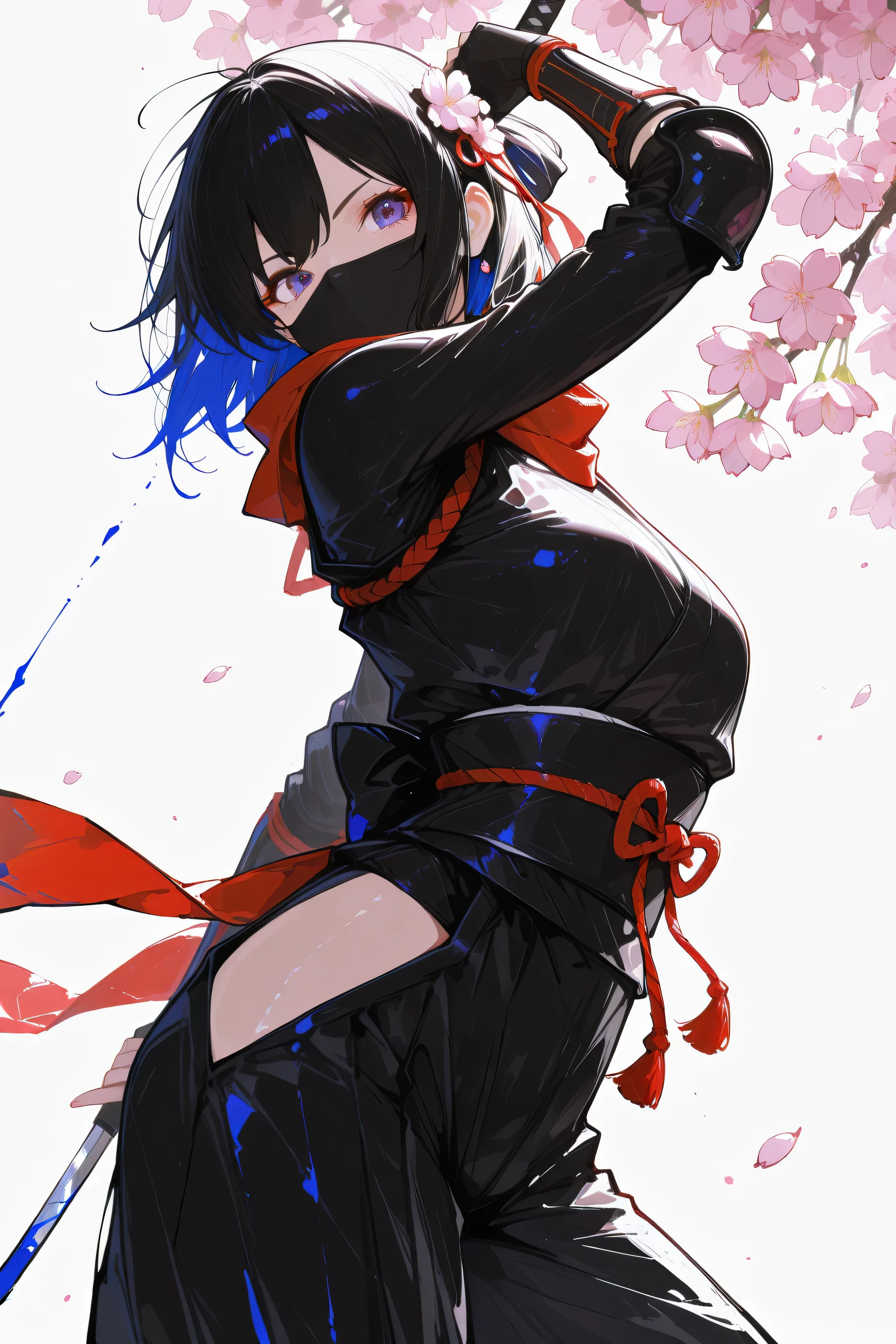 masterpiece,best quality, very aesthetic,absurdres,hyper-detailed,high-resolution,1girl,(ninja),traditional cloth,(sumi-e and colored ink,rough sketc,girl takes action, and thick ink effect lines are created and dance like the wind as she moves, ink painting),cherry blossoms background, simple background,