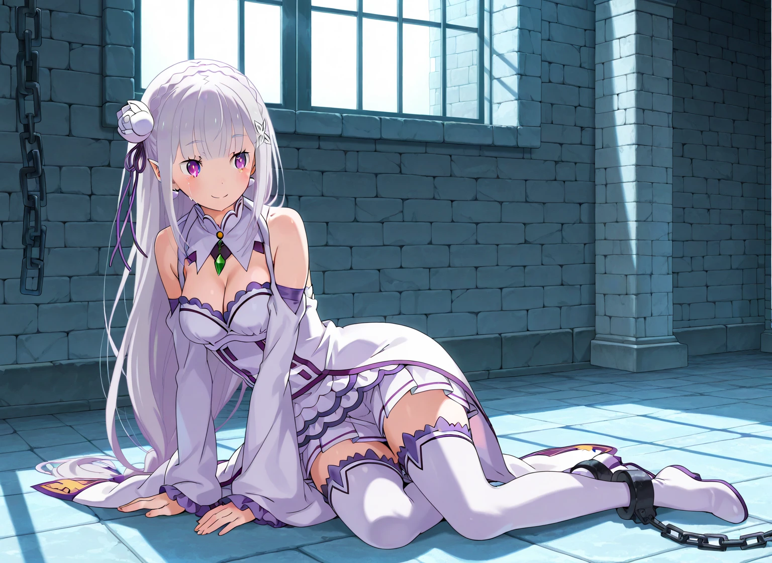 fgokama, kama, hair ribbon, (red eyes:1.5), red ribbon, ribbon, long hair, white hair,
BREAK armlet, bare shoulders, bikini armor, bracelet, collar, detached sleeves, dress, earrings, floral print, jewelry, metal collar, miniskirt, pelvic curtain, purple dress, purple skirt, purple sleeves, purple thighhighs, ring, skirt, thighhighs, thighlet,
BREAK looking at viewer,
BREAK indoors, bed
BREAK (masterpiece:1.2), best quality, high resolution, unity 8k wallpaper, (illustration:0.8), (beautiful detailed eyes:1.6), extremely detailed face, perfect lighting, extremely detailed CG, (perfect hands, perfect ???????), (table humping:1.5), (crotch rub:1.5),(panting:1.2), (blushing:1.3), (pussy juice:1.5), (suggestive fluid:1.5), table, lifting,