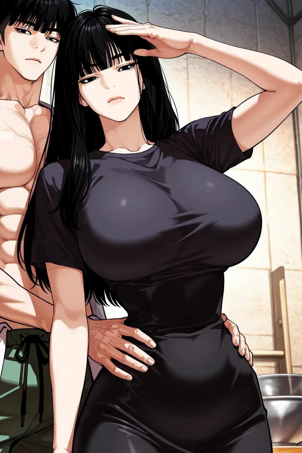 1 milf & 2 man, purple and slightly black hair, wearing a black tank top, cynical look, angry face, white background, erotic, full body, sex scene, butt, clothes off, doggy style sex