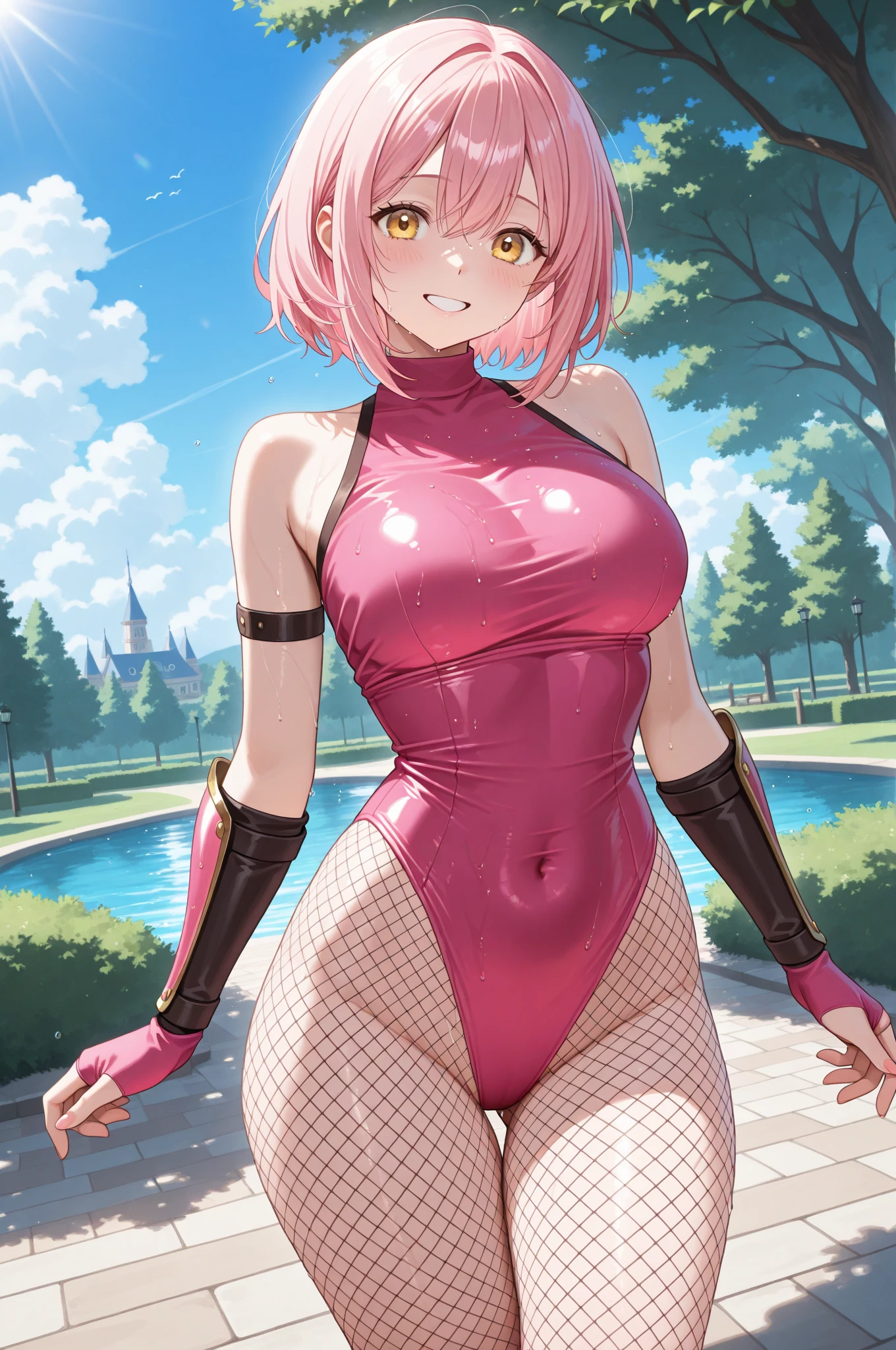 nsfw:1.2,(( Highest quality, High resolution, Hmph, Pixel perfect,  4K, Hmph, Hmph))), 1 girl, single, alone, Beautiful woman、I could see the whole body、 ((Medium Wavy Hair, bangs, Redhead、Yellow headband、)), ((Brown eyes, Beautiful eyelashes, Realistic eyes)), ((Detailed face, blush:1.2)), ((Smooth texture:0.75, Realistic texture:0.65, Realistic:1.1, Anime CG style)),Embarrassed face、 Big Breasts、((((Sweaty all over)))), Dynamic Angle, Perfect body,Leaning forward significantly、(Exposing your buttocks.、Spread your legs、cover your chest with your hands),(Pink Ranger), (alone) (Blue jumpsuit), (Minkit), Pink Darth, Under the belt, White gloves with pink diamond design, (White boots with a pink diamond design), (1), Smile at the audience,(Sunny Tokyo background:1.2), colorful, thin waist and thick hips, Wear tight-fitting clothing, Fits your beautiful body, White skin, , Big Breastsが垂れる, Crazy Expansion, Larger than the shoulder blade, Hourglass illustration, The pelvis is Larger than the shoulder blades, thick, Fitness Model, Red cheeks, I breathe, Sweaty, Soaking wet, Laughter、((advertisement))、Super High Leg Cut、Magazine Cover、Overflowing Sex Fluids:1.5