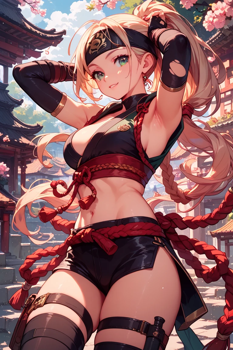 masterpiece,best quality,1girl,xiaomu,ahoge,ponytail,fox ears,chinese clothes,china dress,vest,fingerless gloves,jewelry,bracelet,multicolored hair,blonde hair,red eyes,smile,stretching,arms behind head,ancient chinese building,<lora:projectxzone_xiaomu:0.9>,