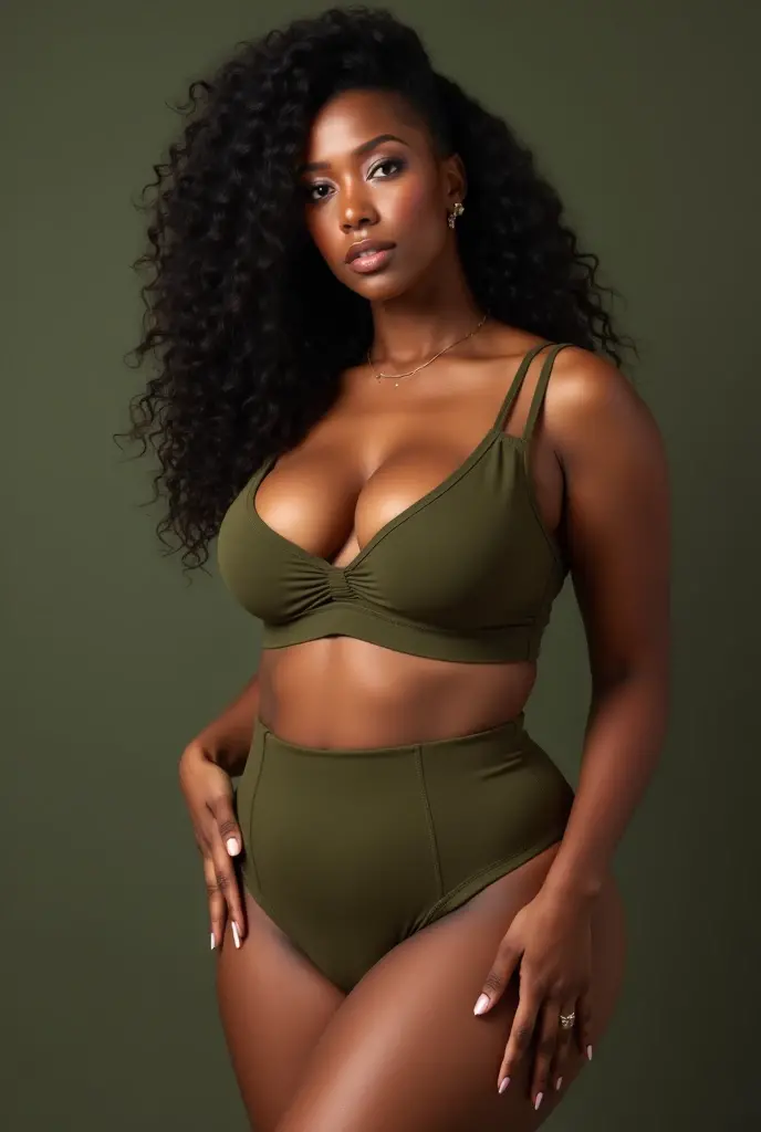 Brown skin huge breasts thick thighs shiny skin Manyuu Chifusa afro parted lips in jungle sunset in background making food.