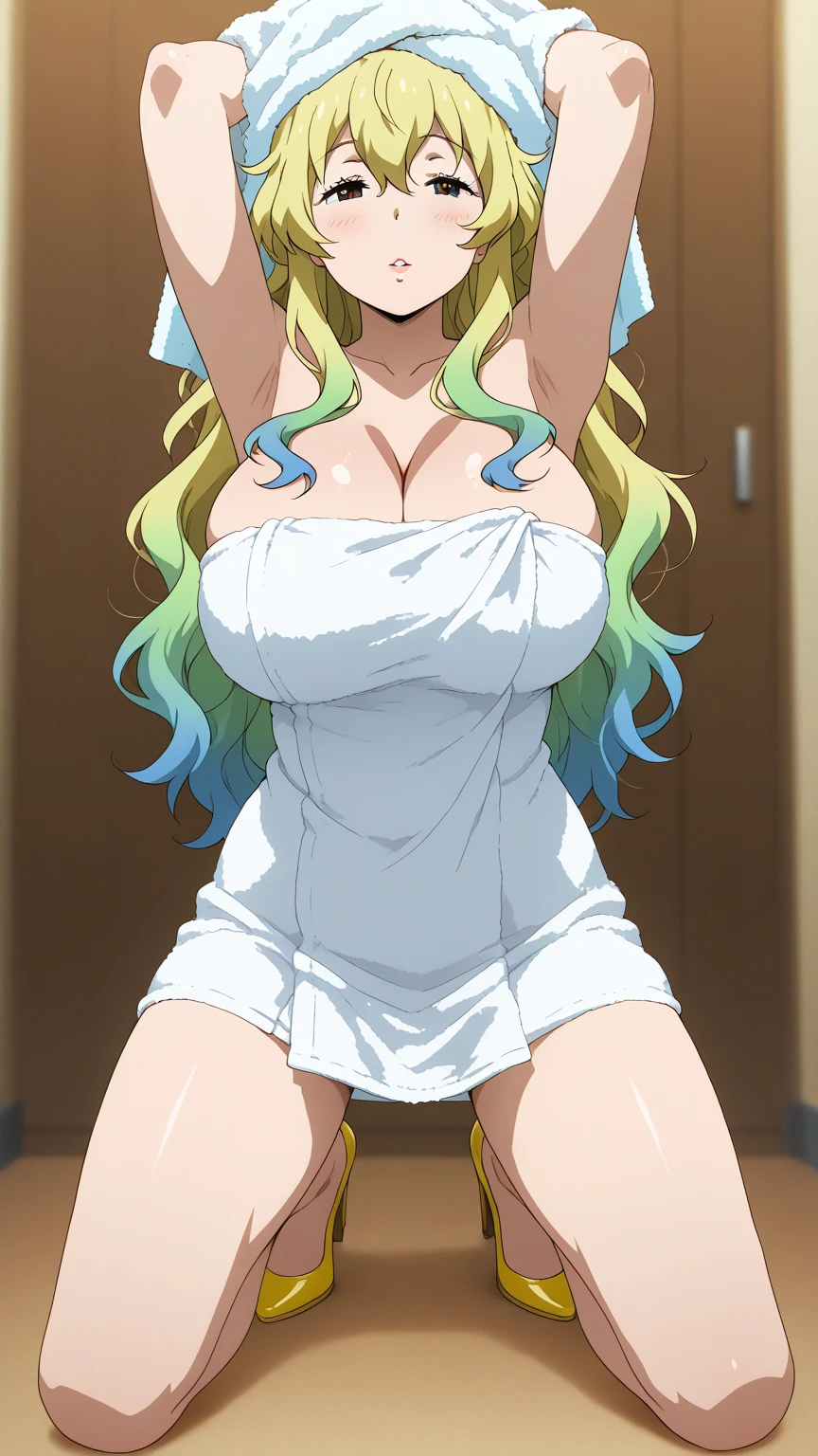 Violet Evergarden, masterpiece, highres, solo, 8k, detailed, perfect face, best quality, (ultra high quality), (looking at viewers), (armpit), collarbone, bare arms, big breast, cleavage, blonde hair, long hair, green eyes, belly, stomach, navel, abs, sarashi chest, bandaged breast, green hakama, slim body, upper body, closed mouth, at forest, hand up