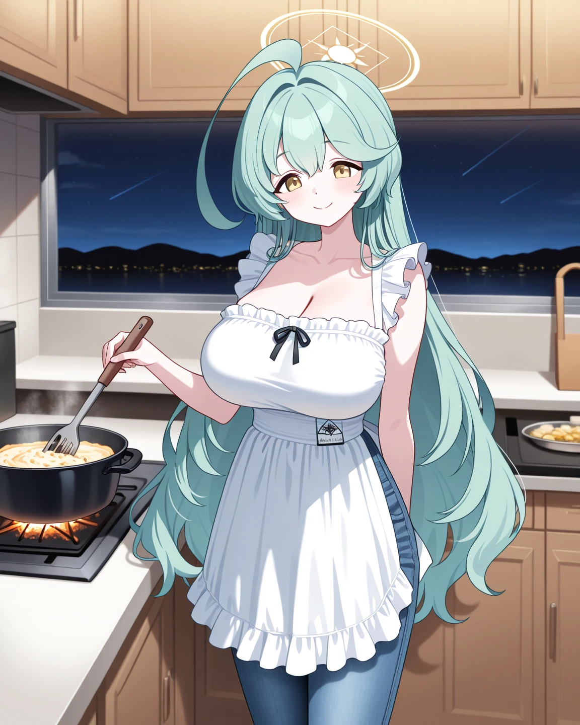 1girl. (wearing nothing:1.4), nsfw, large breasts, , cooking. classroom, space, nipple