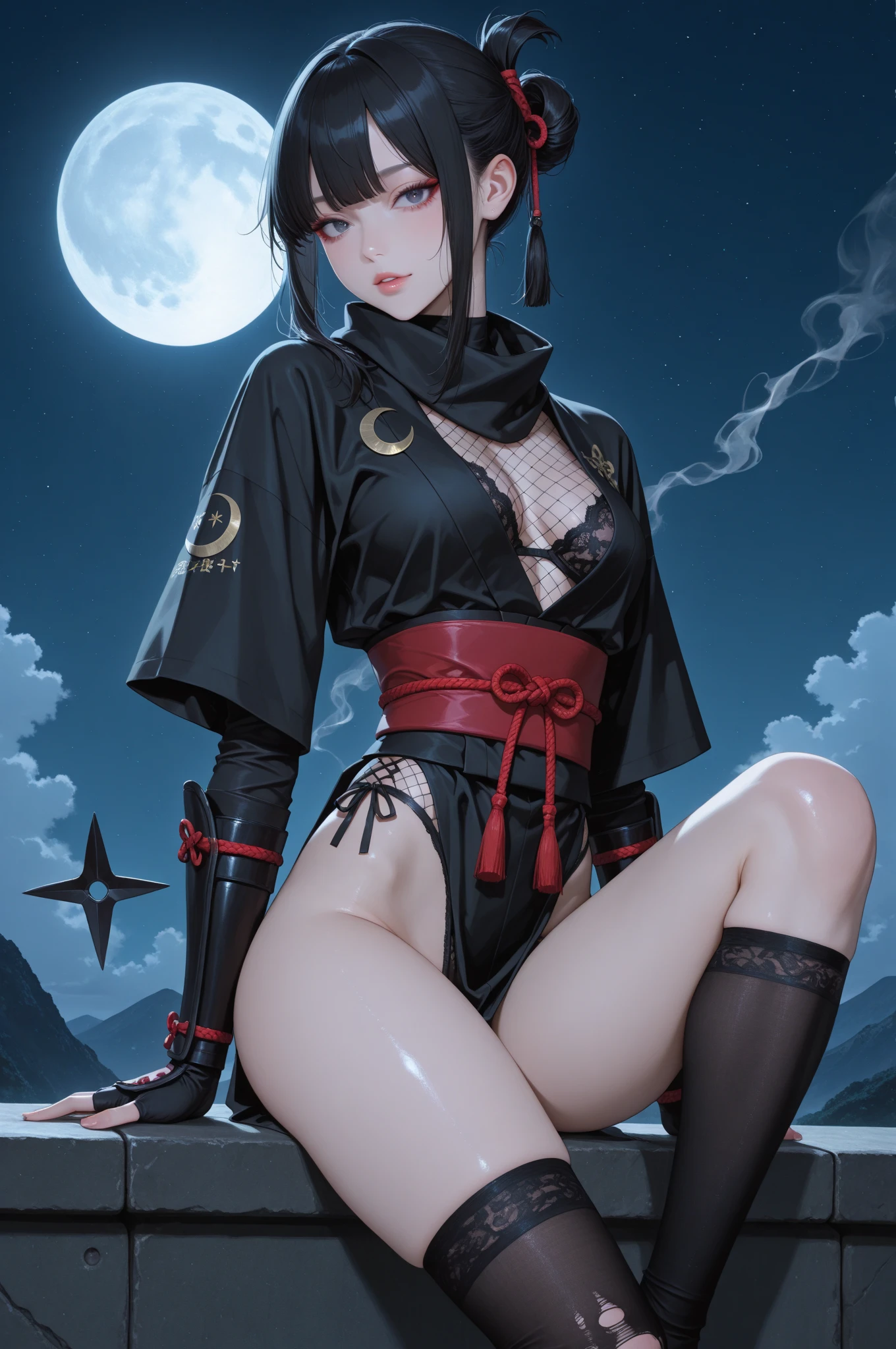 Young Woman, Ninja, Transparent Body(black), Kabuki Mask, Dagger, Jumping, Rooftops, Nahct, Moon and Stars, Sexy, Underboob, Transparent Pussy,