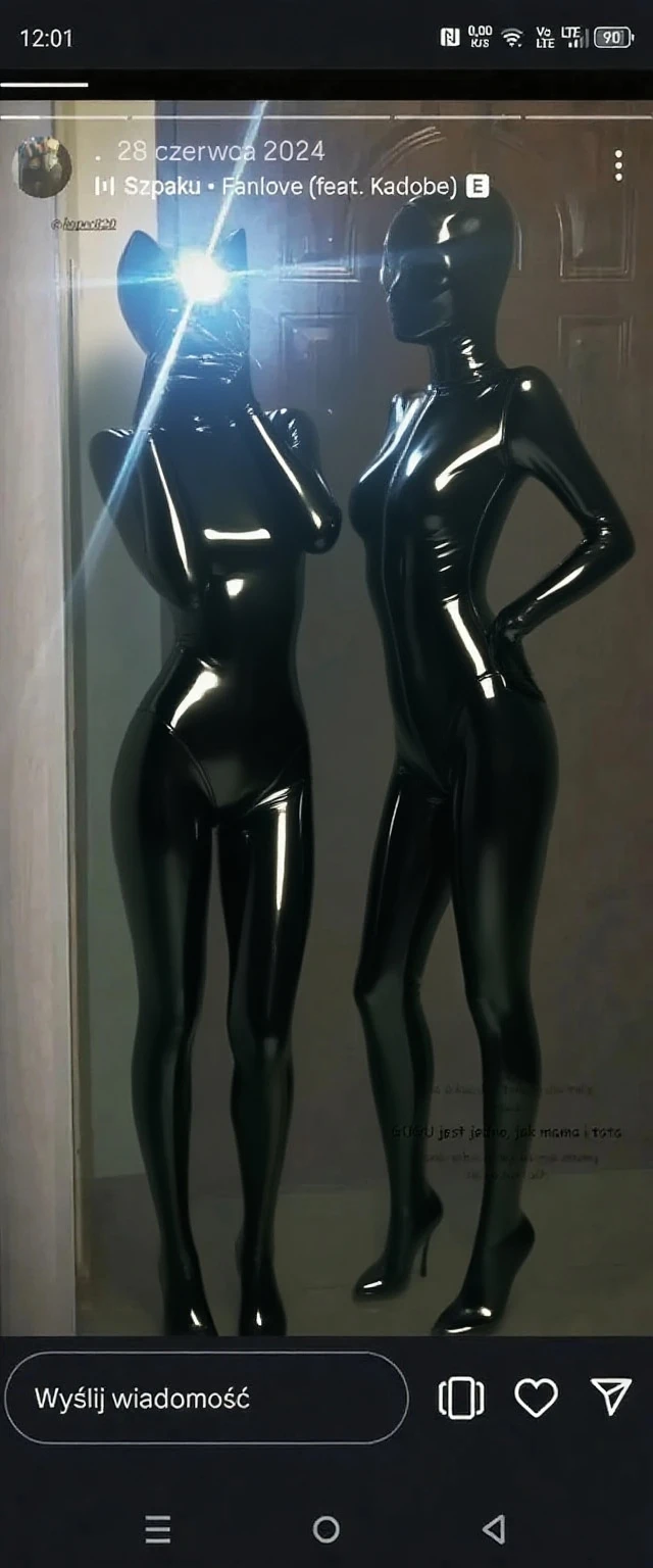 A black mannequin in a white tiled room, Black latex sculpt, Black latex suit, PVC movable, Female cyborg body, Rubber suit, Female body type, black Rubber suit, Rubber-like body, Rubber-like body, Latex Gloss, Wearing Atsuko Kudo&#39;s latex costume, Dominant Robot, Black latex, inflatable  cum latex on cum
