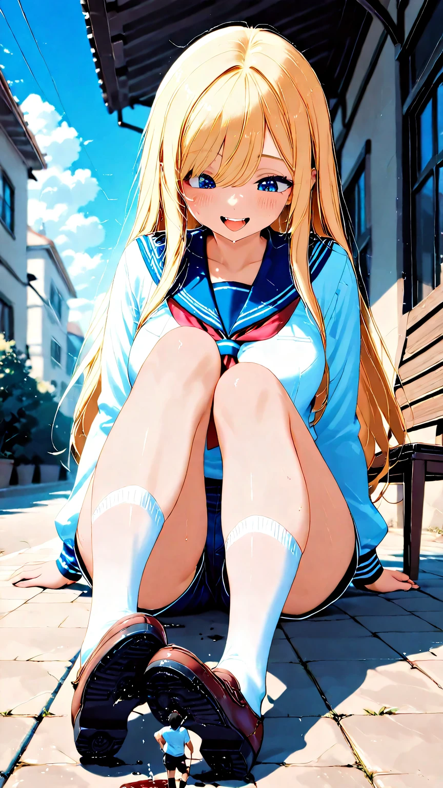 panty shot、sailor suit、Beautiful Girl Magician、blonde twintails、((whole body))、(((photo taken from below)))、garden